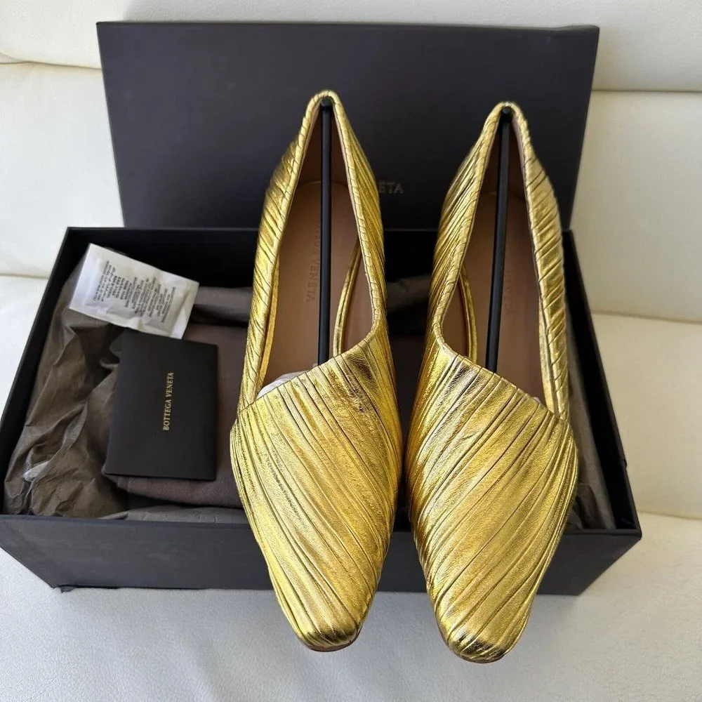 NEW Bottega Veneta Ladies Gold Heels Shoes Yellow Almond 75mm Pumps sz 39.5 - Picture 3 of 7
